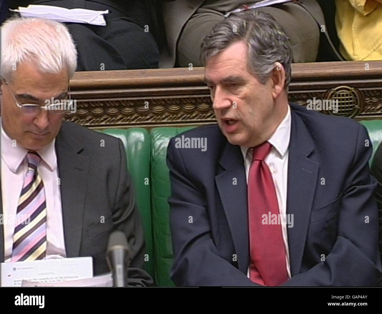 Chancellor of the Exchequer Alistair Darling and Prime Minister Gordon Brown during a Commons statement on the proposed compensation package for people who lost out as a result of the scrapping of the 10p rate of tax. Stock Photo