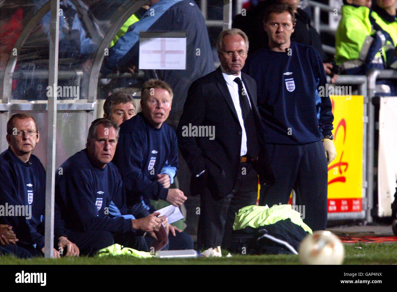 Soccer - European Championships 2004 Qualifying - Group Seven - Liechtenstein v England. England's manager Sven Goran Eriksson is not amused as he watches the action from the bench Stock Photo