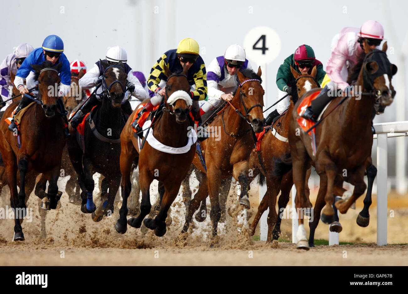 Sir Duke and jockey John Egan (third right) eventual winner of the First since 1927 Handicap stakes at Great Leighs Racecourse in Chelmsford, Essex. Stock Photo