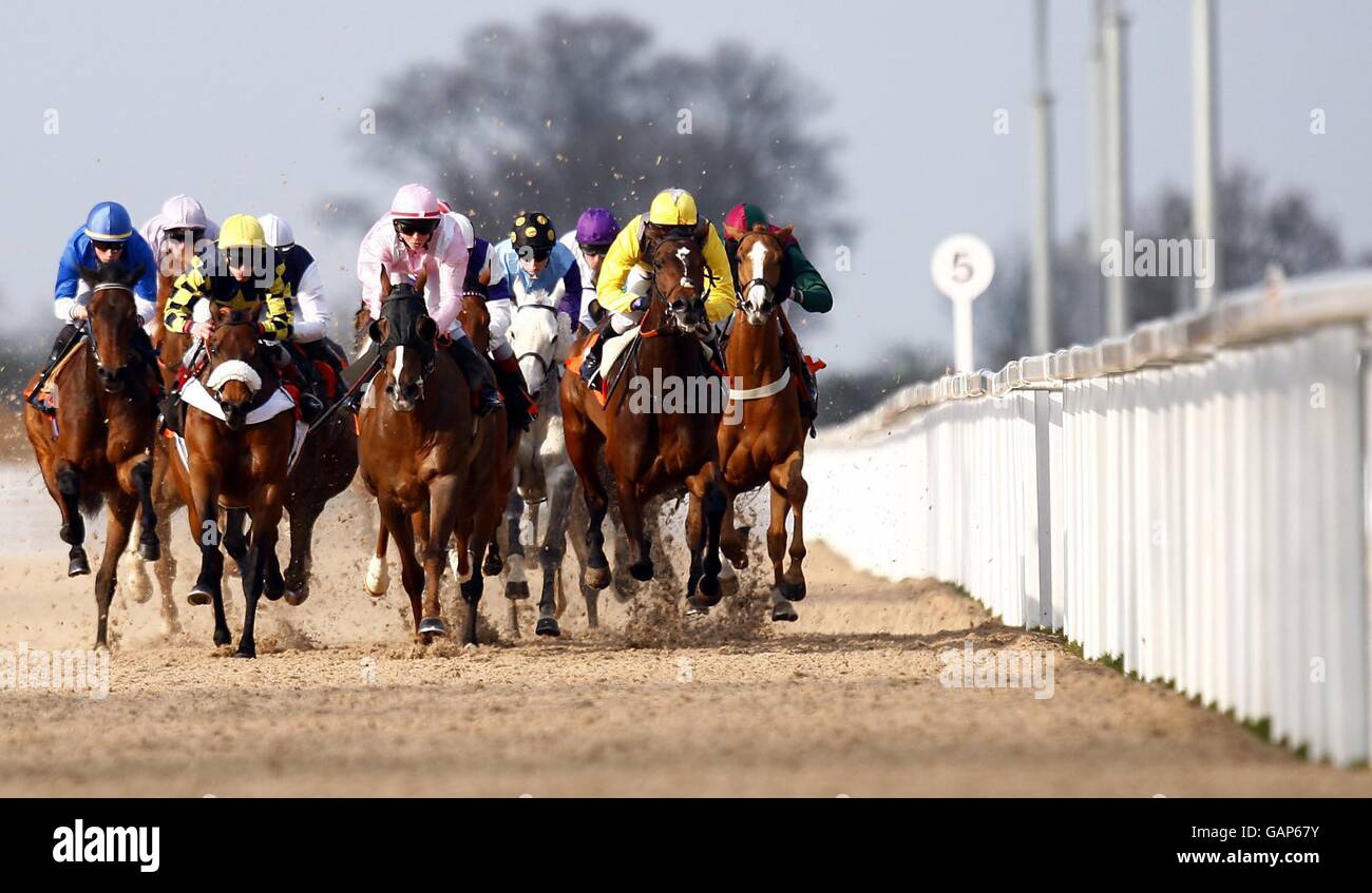 Horse Racing - Invitation Only Day - Great Leighs Racecourse. Runners and riders during the First since 1927 Handicap stakes at Great Leighs Racecourse in Chelmsford, Essex. Stock Photo