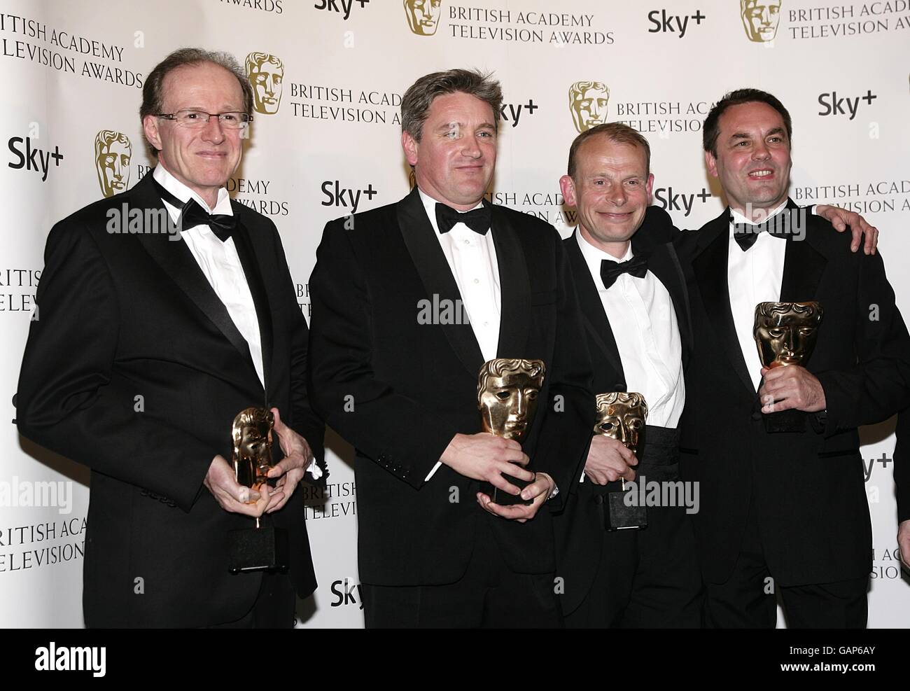 Chris Granlund, Tom Giles, Andrew Marr and Clive Edwards with the Specialist Factual award received for Andrew Marr's History of Modern Britain at the British Academy Television Awards at the London Palladium, W1. PUBLICATION OF THIS IMAGE AND WINNER RESULTS, IN WHATEVER MEDIUM, WHETHER PRINT, BROADCAST OR ONLINE IS UNDER STRICT EMBARGO TIL 2100 GMT SUNDAY 20 APRIL 2008. Stock Photo