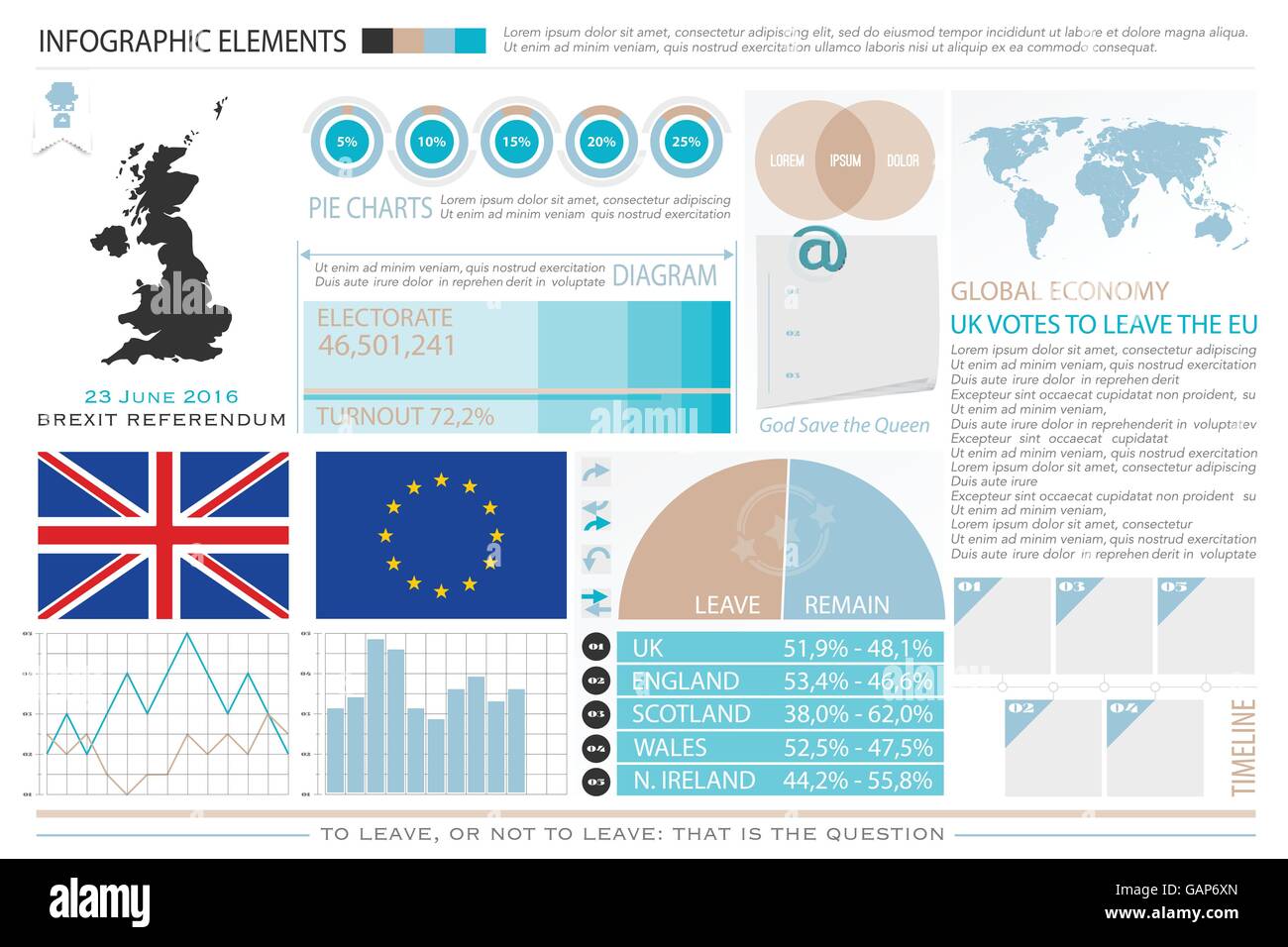 United Kingdom withdrawal from the European Union info graphics. vector EU and British flags icons, voting result chart. public Stock Vector