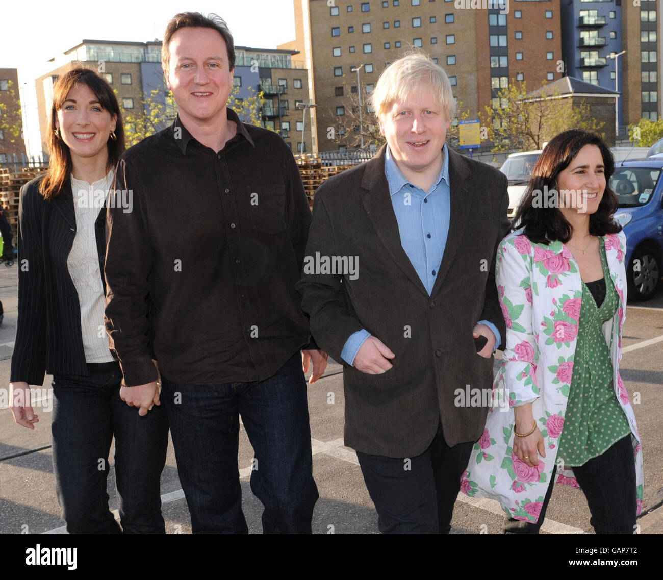 David Cameron and his wife Samantha campaign with conservative candidate for London Mayor Boris Johnson and his wife Marina at Billingsgate Market, London. Stock Photo