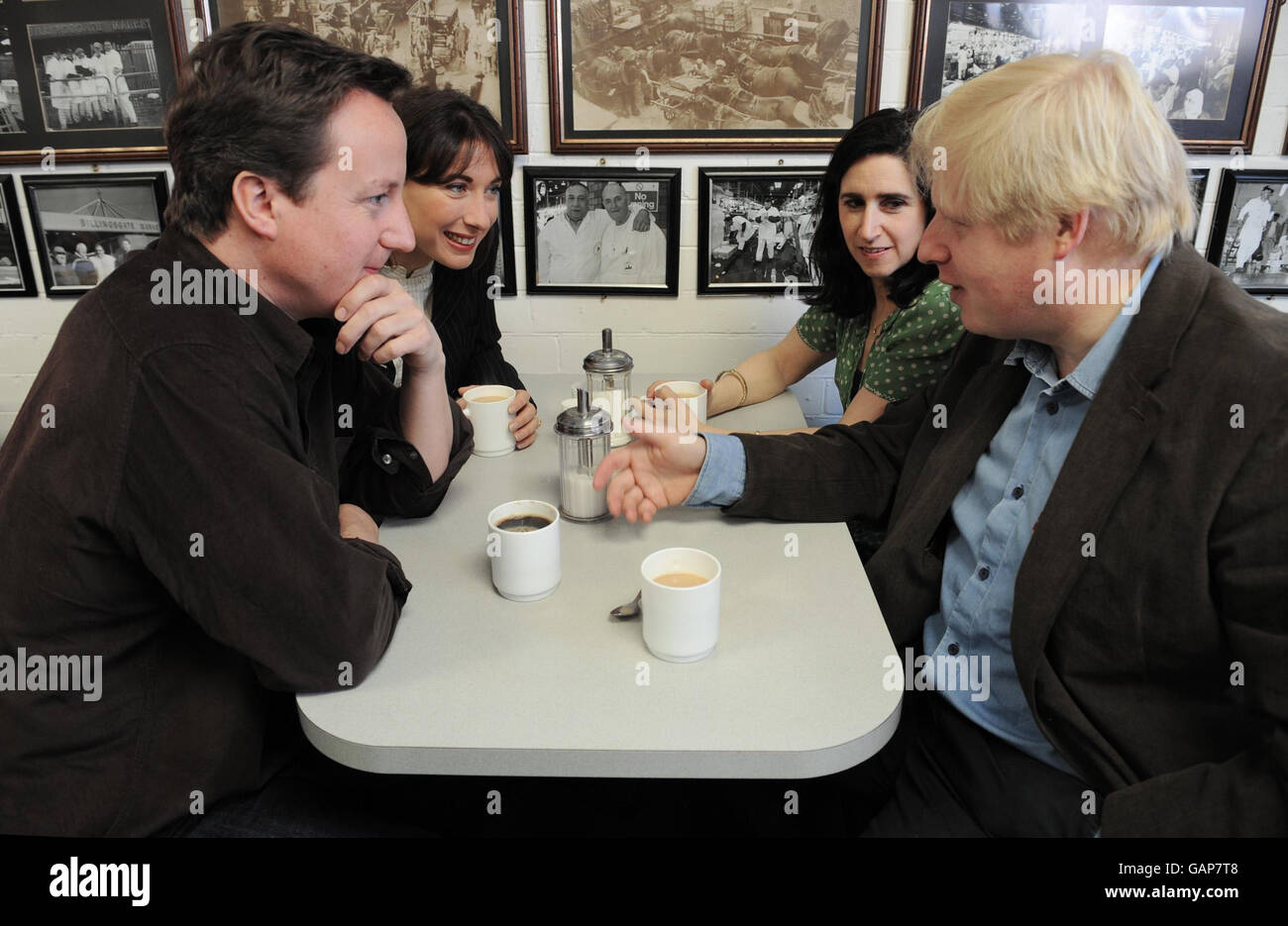 David Cameron and his wife Samantha campaign with conservative candidate for London Mayor Boris Johnson and his wife Marina at Billingsgate Market, London. Stock Photo