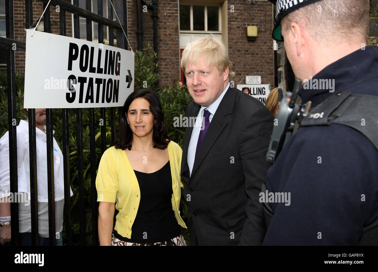 Conservative candidate for London Mayor Boris Johnson and his wife Marina leave a polling station at Laycock Primary School, Islington, London, after voting in today's London Mayoral and local elections. Stock Photo