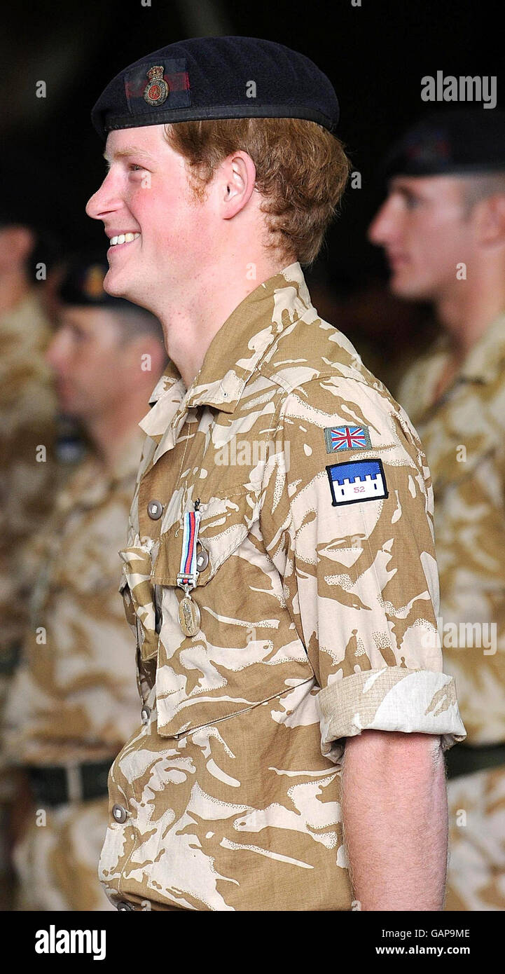 Prince Harry before receiving his campaign medal for service in Afghanistan at Household Cavalry's Combermere Barracks, Winsdor. Stock Photo