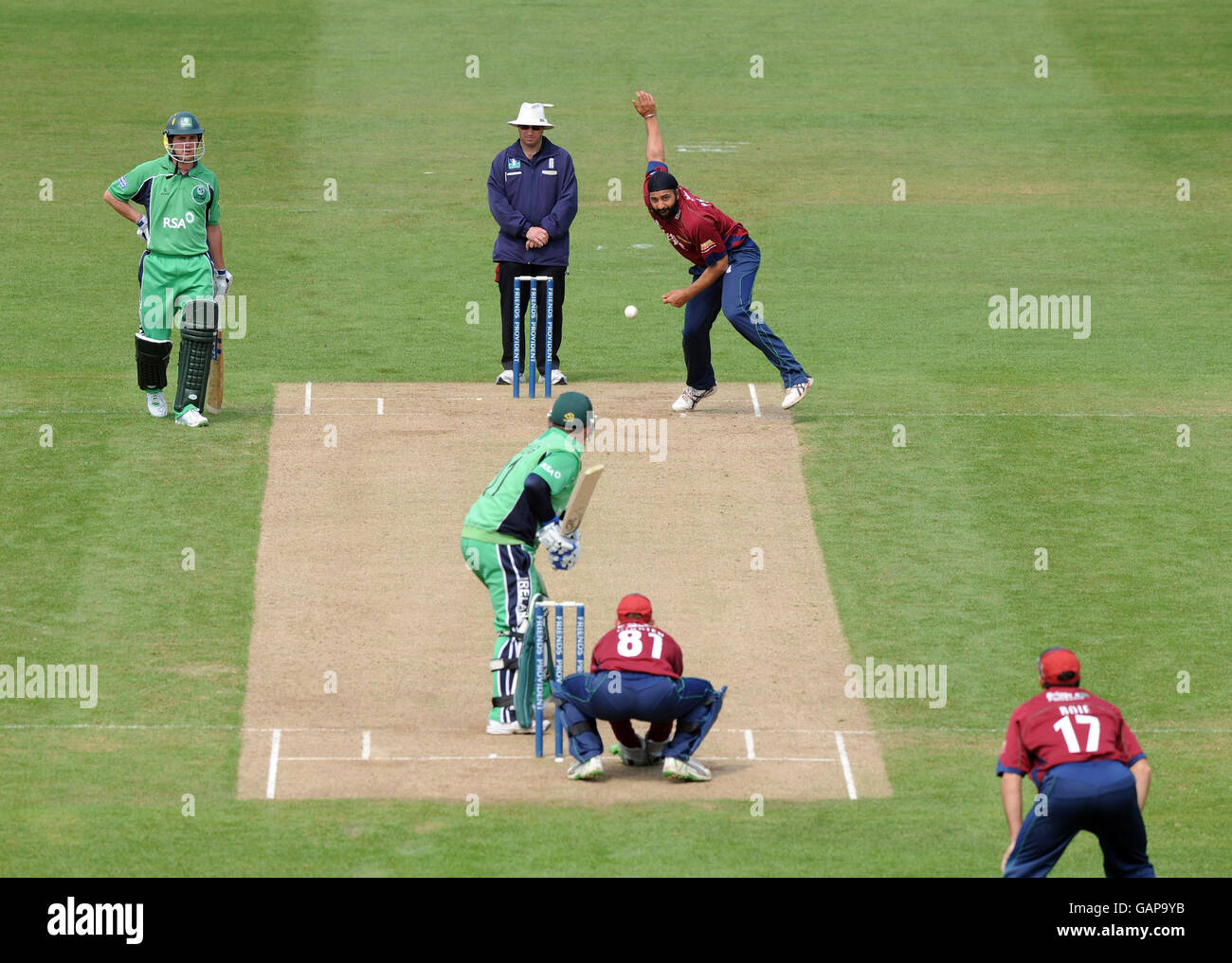 Northamptonshire's Monty Panesar bowls to Ireland's Paul Stirling during the Friends Provident Trophy match at the County Ground, Northampton. Stock Photo