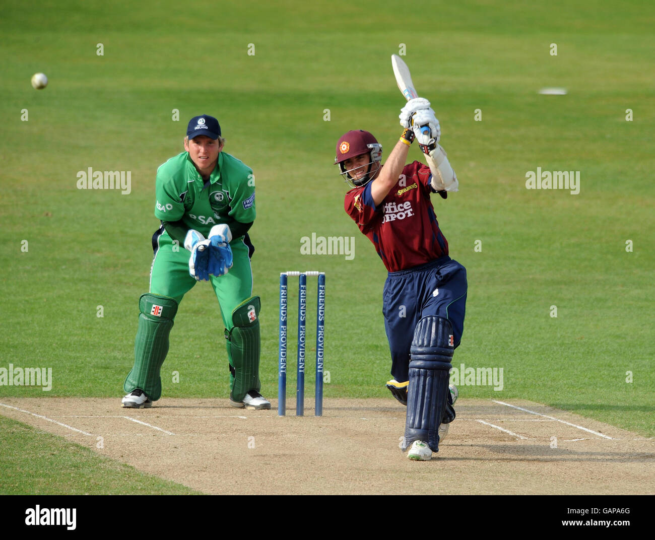 Northamptonshire's Stephen Peters hits out during the Friends Provident Trophy match at the County Ground, Northampton. Stock Photo