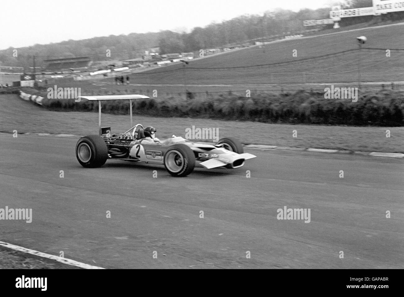 Motor Racing - Daily Mail Race of Champions - Brands Hatch - 1969. A Lotus Ford car, with airfoils fitted, in action. Stock Photo