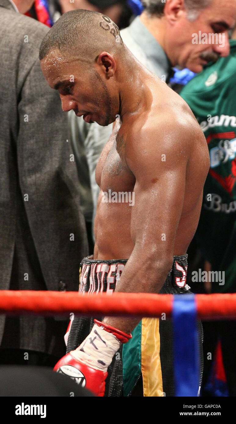 England's Junior Witter looks dejected after defeat against USA's Timothy Bradley during the WBC Light-Welterweight Title bout at Nottingham Arena. Stock Photo