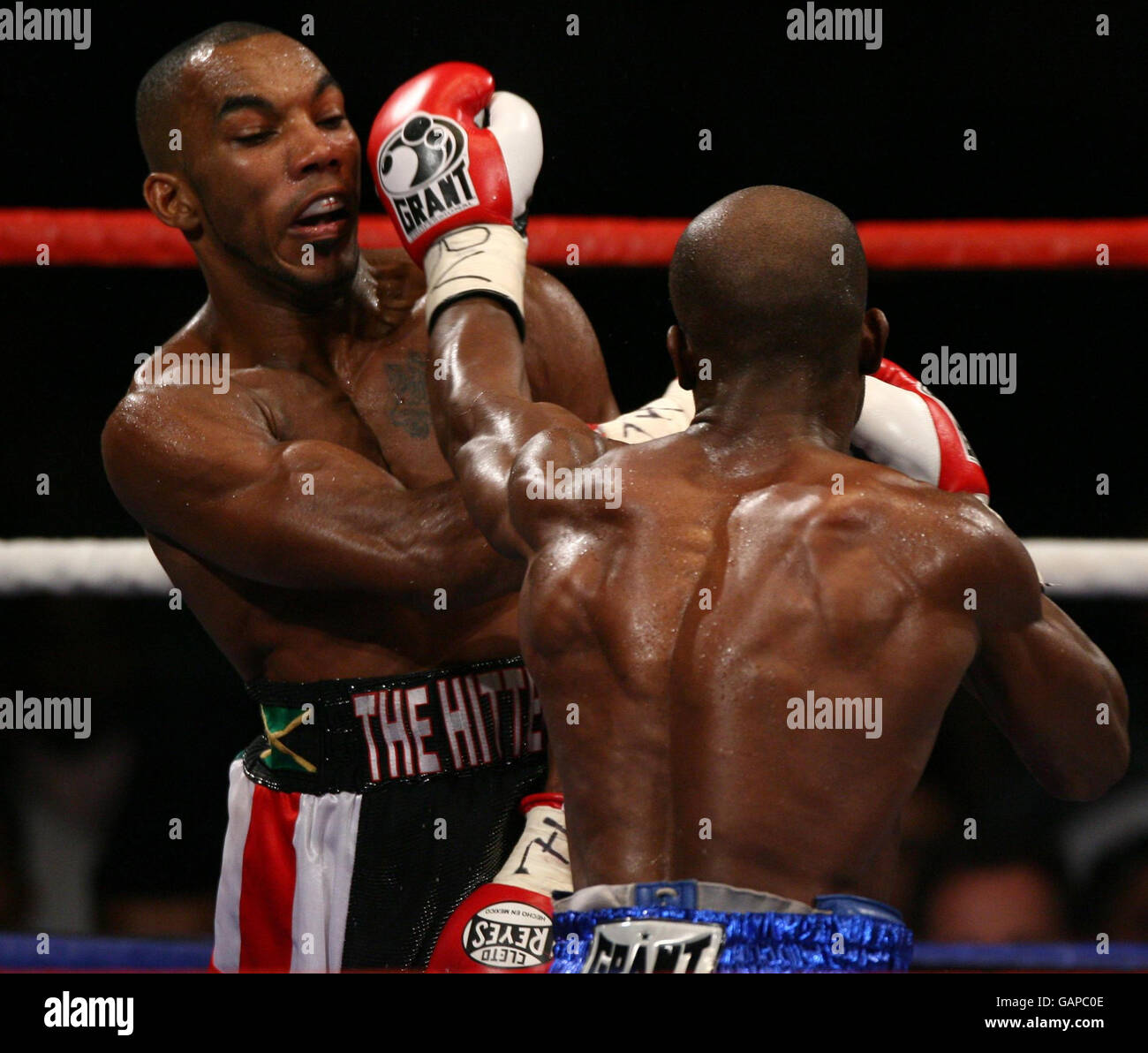 USA's Timothy Bradley on top against England's Junior Witter during the WBC Light-Welterweight Title bout at Nottingham Arena. Stock Photo