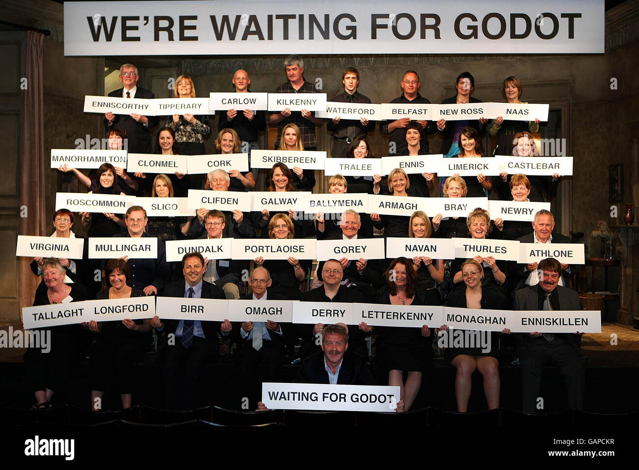 Representatives from 40 venues across Ireland, from all 32 Irish counties come together onstage at the Gate Theatre, Dublin, to launch 'Waiting for Godot' by Samuel Beckett - one night only national tour. Stock Photo