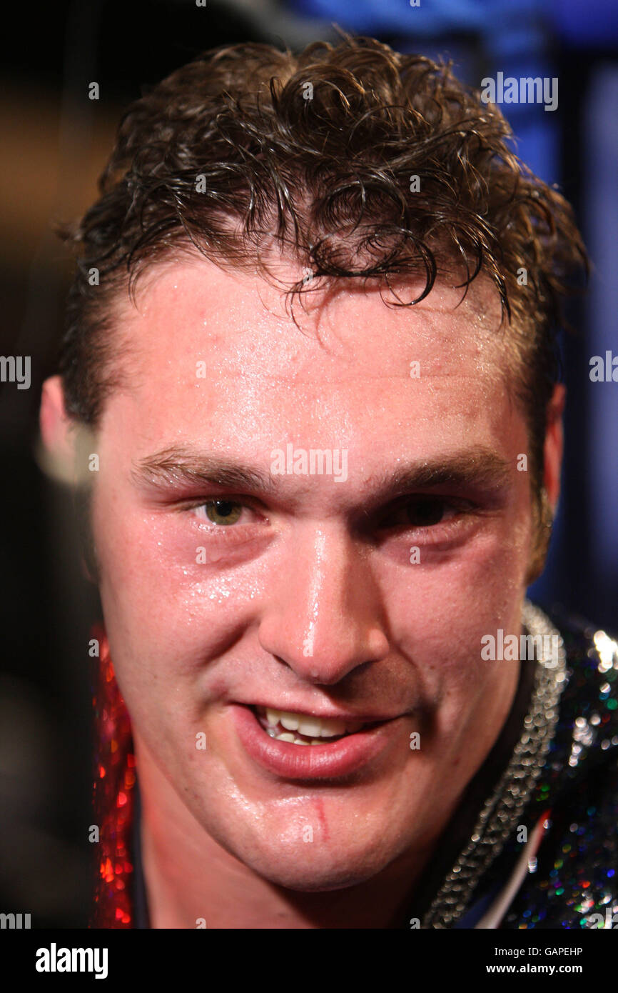 Tyson Fury gives an interview after his win over Damien Campbell Stock Photo