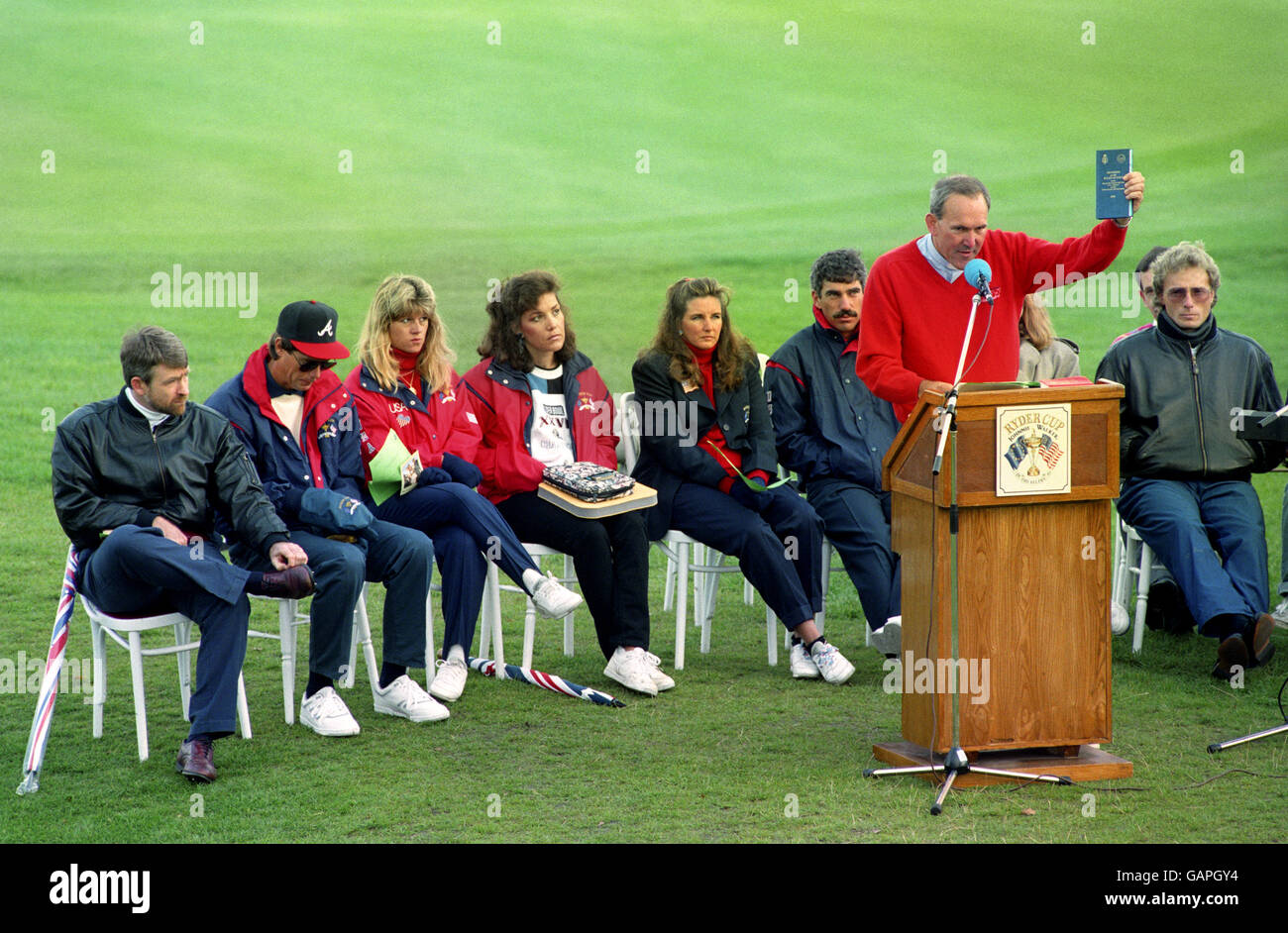 Players attend the Sunday service held in the open air at the Belfry before play commenced in the singles for the Ryder Cup. Stock Photo