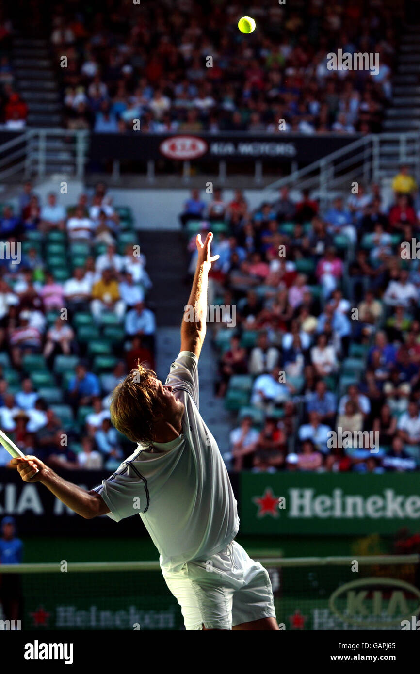 Magnus Larsson (SWE) in action against Lleyton Hewitt (AUS). Stock Photo