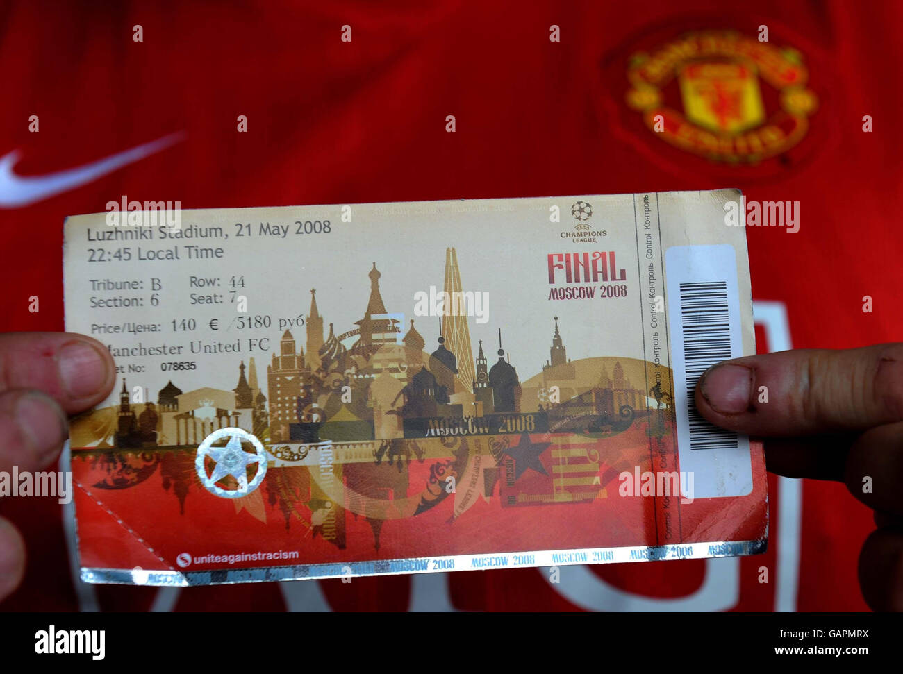 Soccer - UEFA Champions League - Final - Manchester United v Chelsea -  Preview. A Manchester United fan shows of his ticket at Sheremetyevo  airport, Moscow, Russia Stock Photo - Alamy