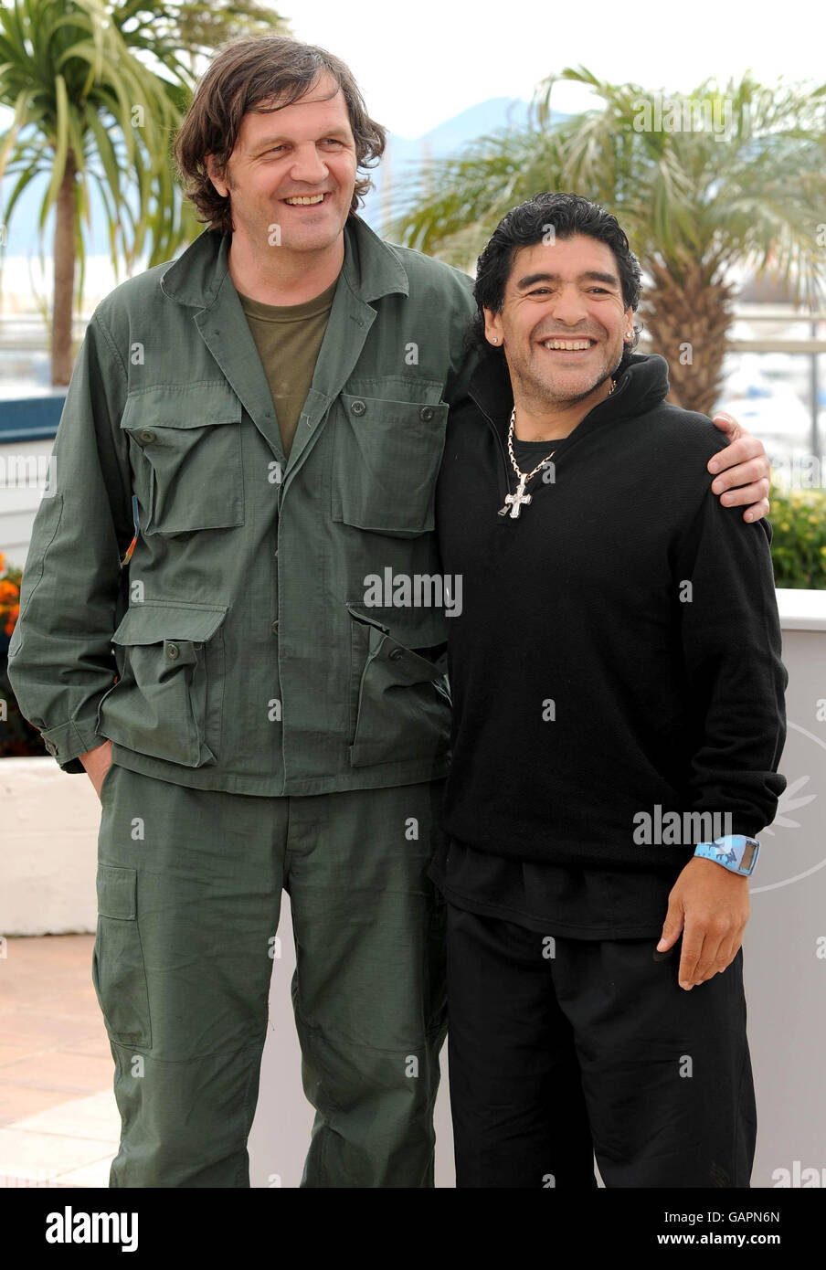 Maradona attends a photocall for the film 'Maradona' by Emir Kusturica (left) during the 61st Cannes Film Festival in France. Stock Photo