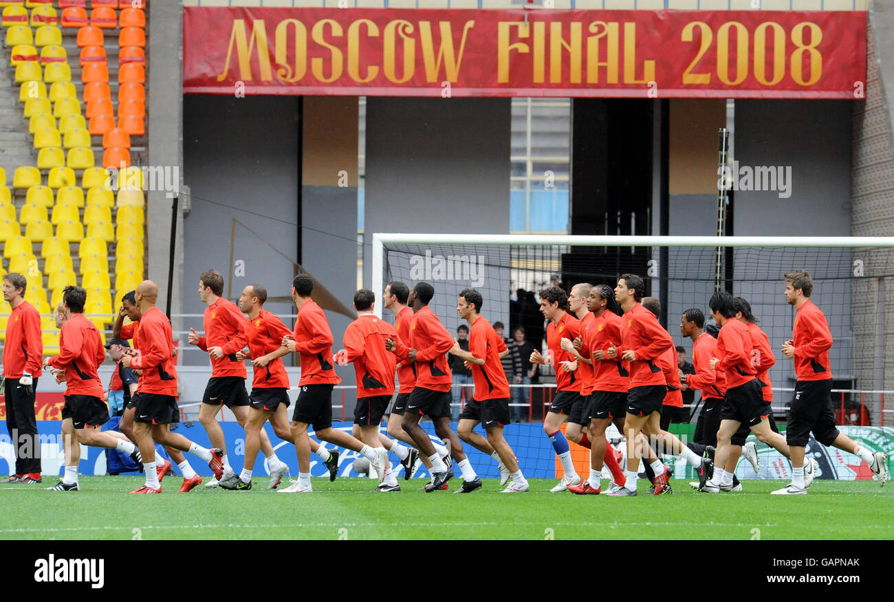 Manchester United players during a training session at the Luzhniki Stadium, Moscow, Russia. Stock Photo
