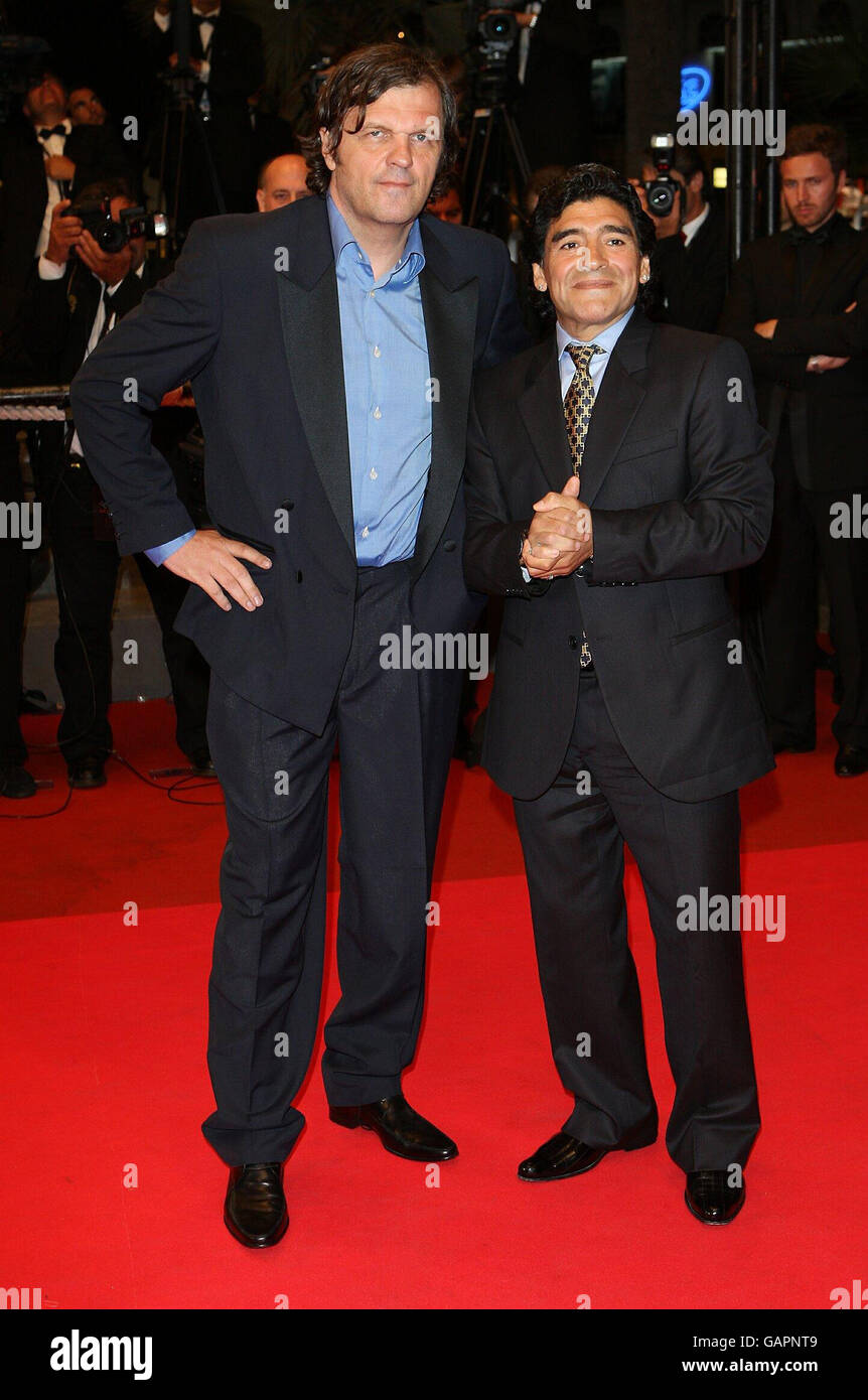 AP OUT. Maradona arrives for the screening of 'Maradona' by Emir Kusturica (left) during the 61st Cannes Film Festival in France. Stock Photo
