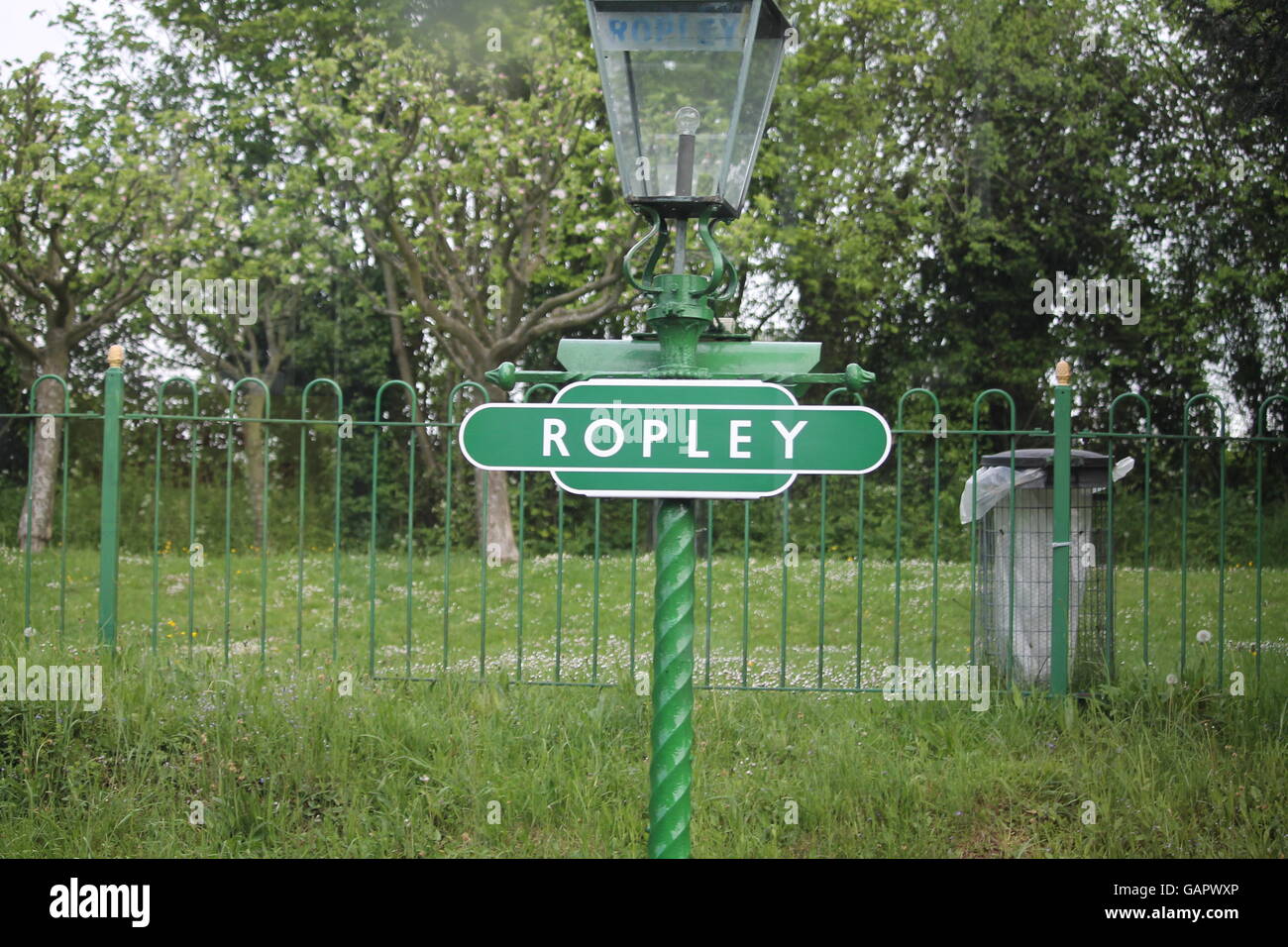 Ropley train station, Watercress Line, Hampshire, steam railway, holiday, staycation, train sign, railways Stock Photo