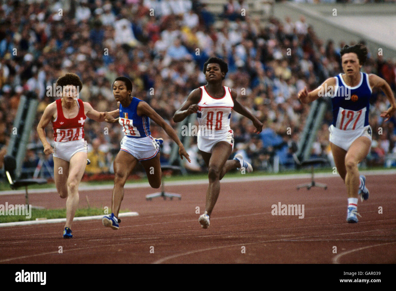 Heather Hunte of Great Britain, no. 88, in the Women's 100m heat in the Lenin Stadium, Moscow. She won the bronze medal along with Beverly Goddard, Sonia Lannaman and Kathy Smallwood in the 4x100m relay. Stock Photo