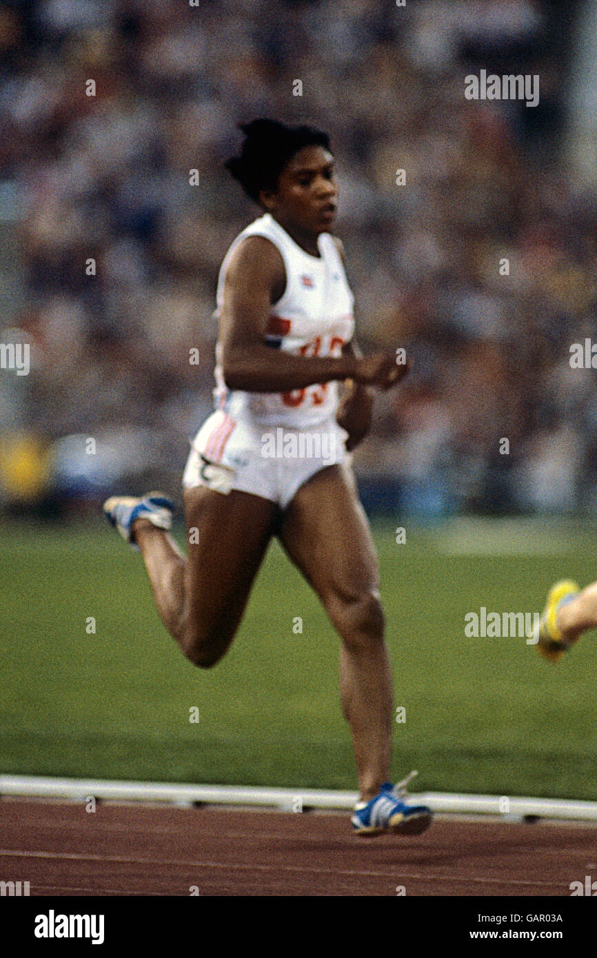 Sonia Lannaman of Great Britain during the Women's 4x100m relay. Along with Beverly Goddard, Heather Hunte and Kathy Smallwood, they won the bronze medal. Stock Photo