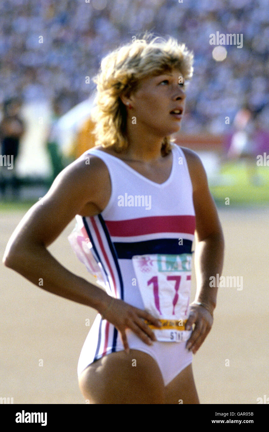 Athletics - Los Angeles Olympic Games 1984. Shirley Strong of Great Britain before the start of the 100m hurdles in which she won the silver medal. Stock Photo