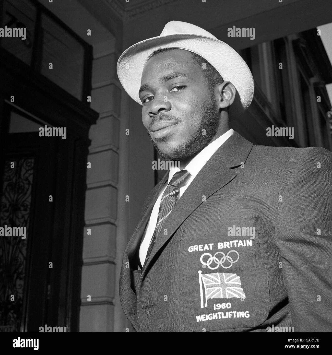 Weightlifter Louis Martin before leaving London for the Rome Olympic Games. He won a bronze medal in the Middle-heavyweight class. Stock Photo