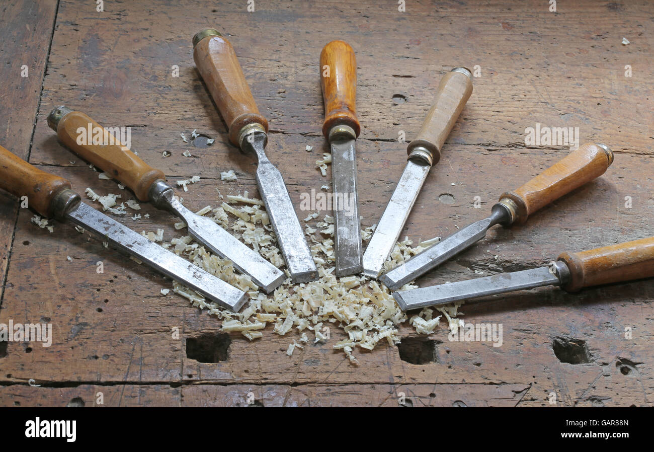 many chisels and sawdust chippings in Workbench Stock Photo Alamy