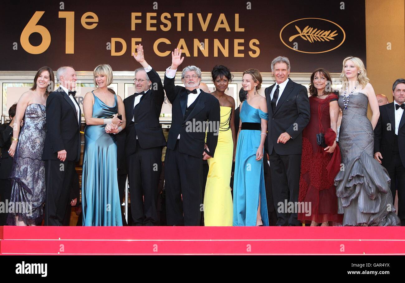 (right to left) Cate Blanchett, Karen Allen, Harrison Ford, Calista Flockhart, director Steven Spielberg and producer George Lucas with their wives arrive for the screening of 'Indiana Jones and the Kingdom of the Crystal Skull' during the 61st Cannes Film Festival in Cannes, France. Stock Photo