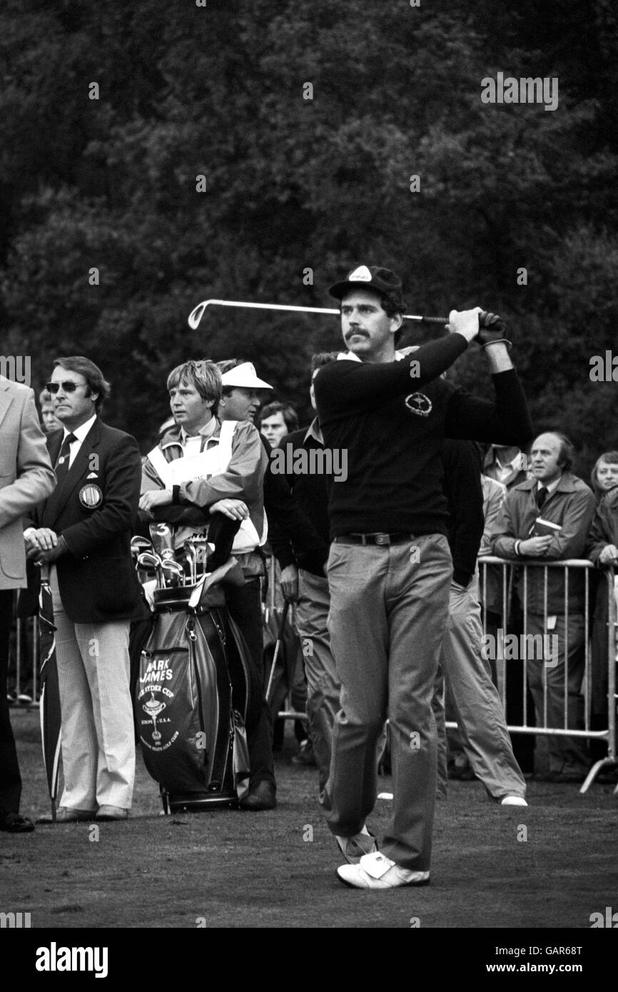 Mark James in action during the early stages of the Ryder Cup in a match partnered with Sandy Lyle against Bill Rogers and Bruce Lietzke. Stock Photo