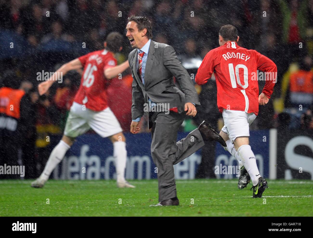 Gary Neville and Cristiano Ronaldo of Manchester United celebrate after  winning the UEFA Champions League Final…