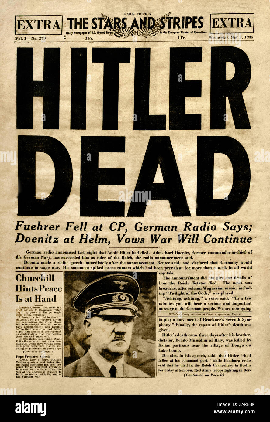 Hitler Death 2 May 1945 (The Stars and Stripes ) Berlin Nazi Germany ( Fuehrer Fell at CP German Radio Says ) Stock Photo