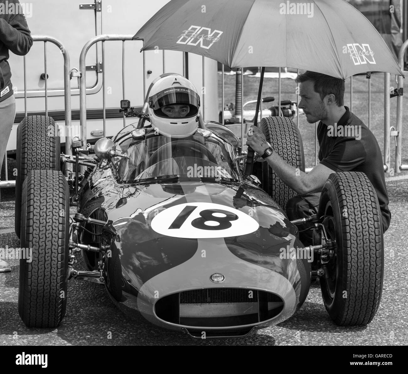 1961 Cooper T53 in the paddock ahead of the Historic Grand Prix Cars Association race at Brands Hatch in black and white Stock Photo