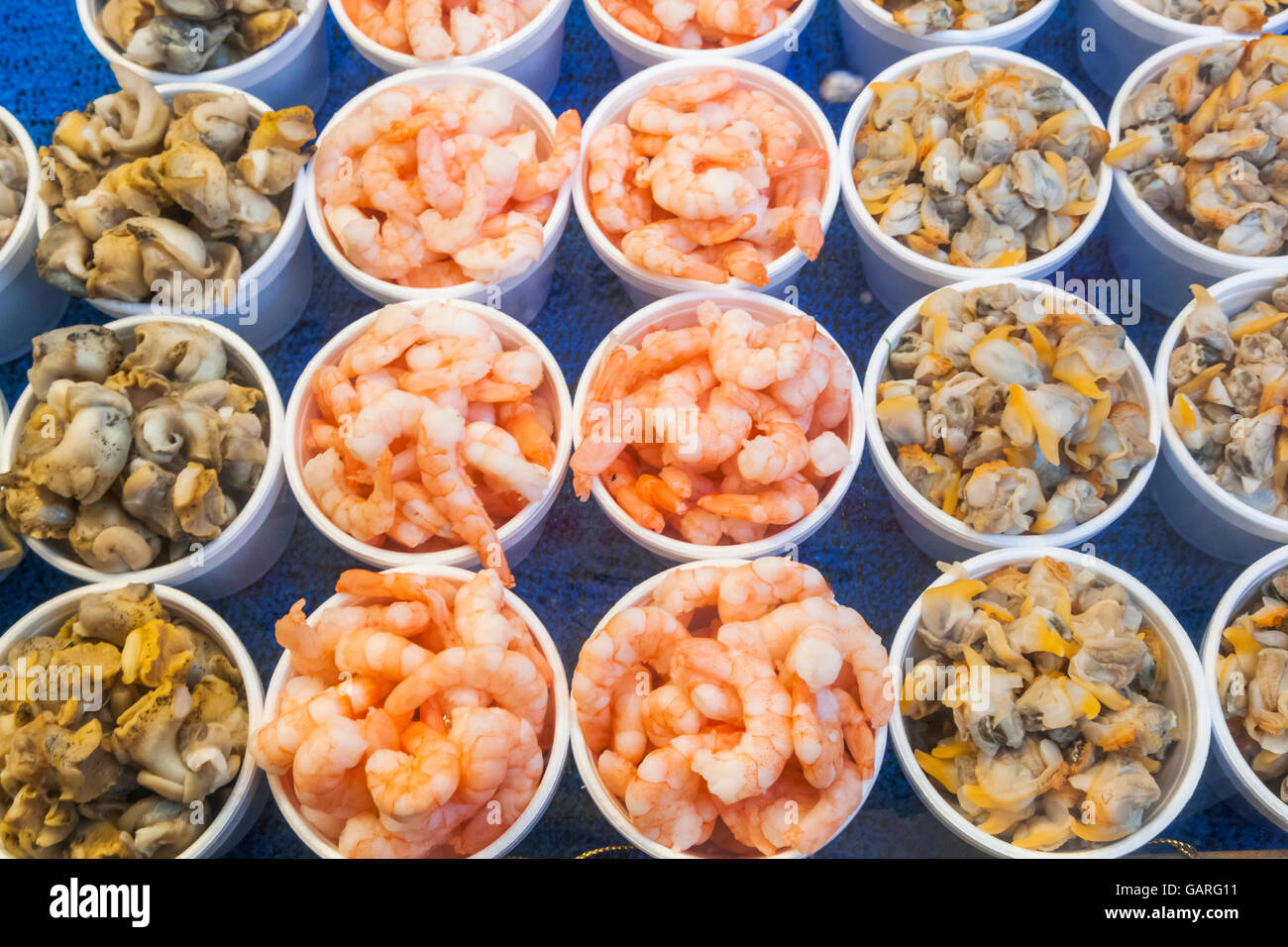 England, London, Southwark, Borough Market, Fish Shop Display of Seafood Stock Photo
