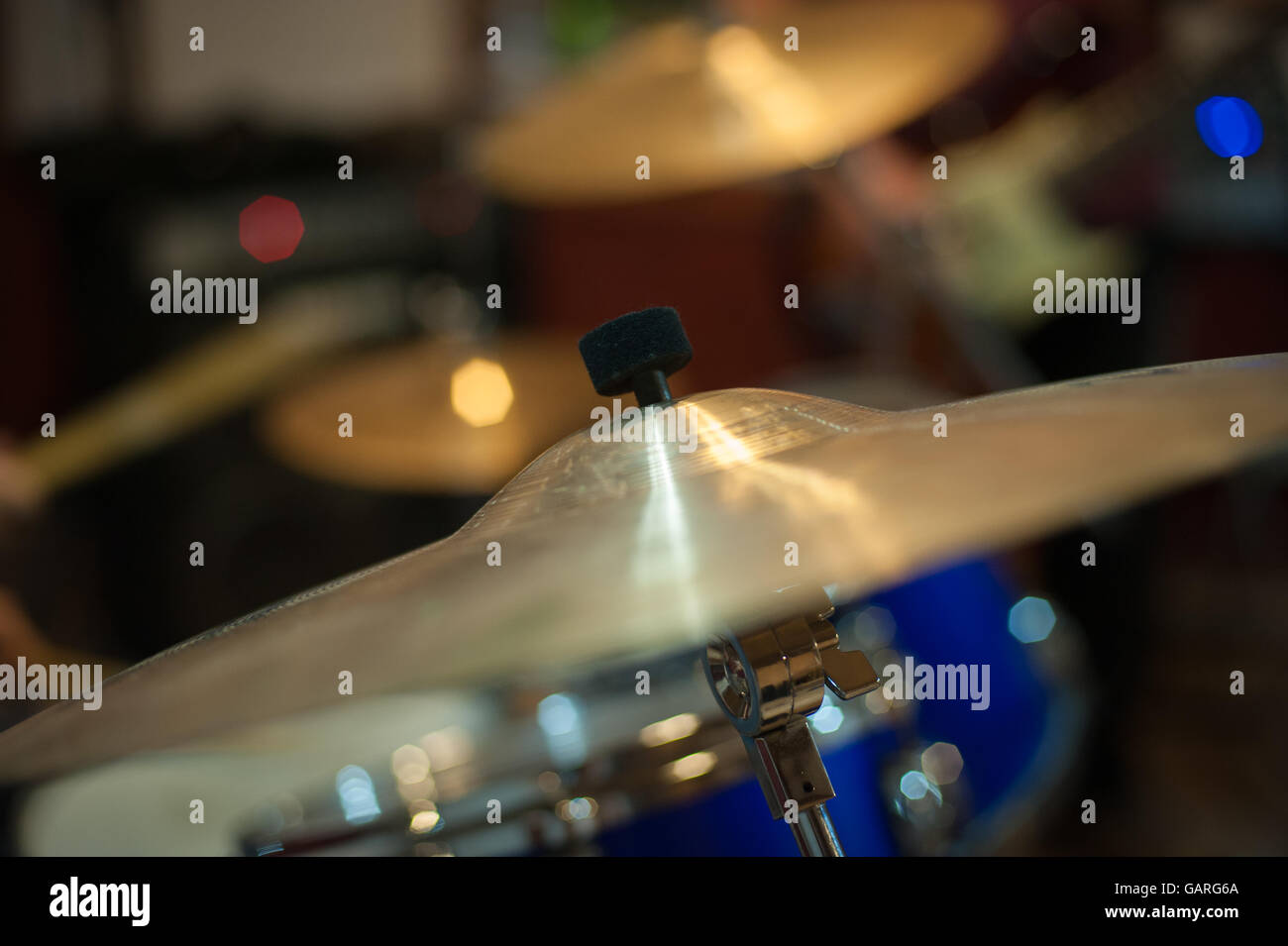 Crash ride cymbal detail golden metal drum part selective focus Stock