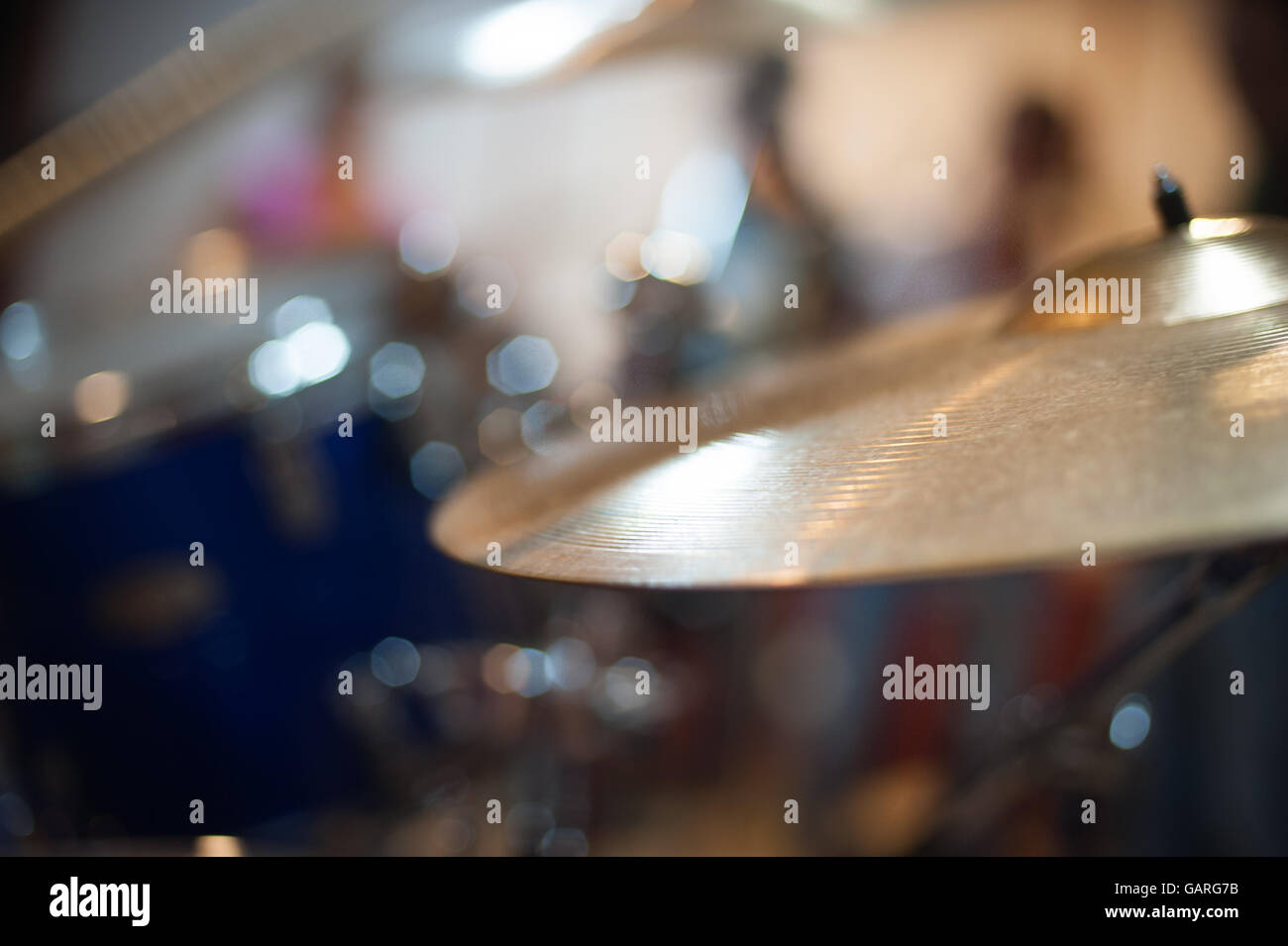 Crash and ride cymbal detail golden metal drum part selective focus