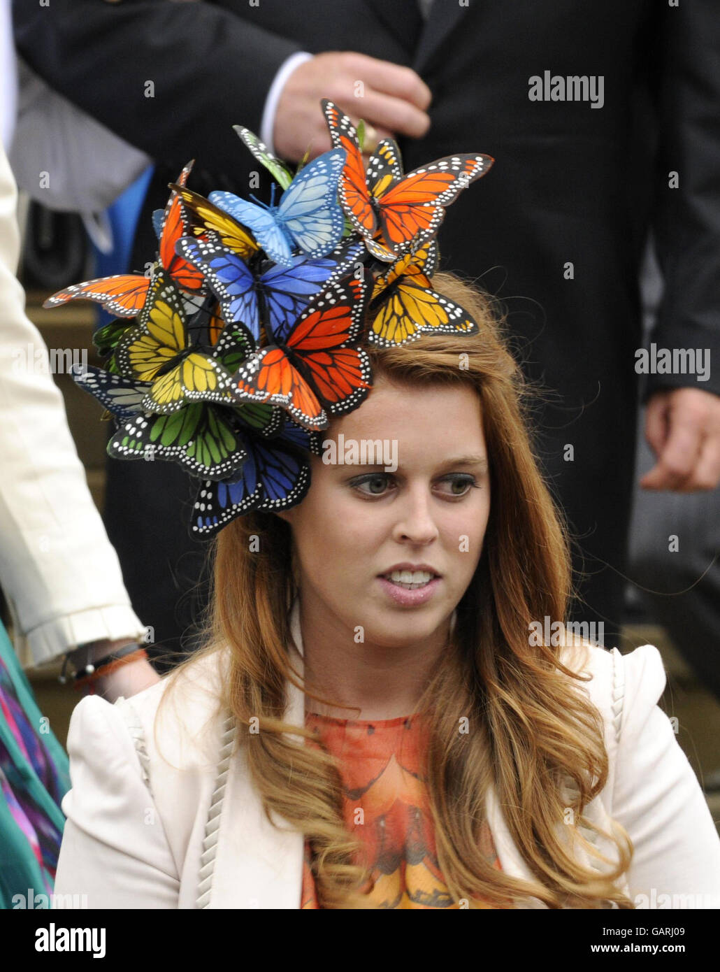 Princess Beatrice outside St. George's Chapel in Windsor, England, after the marriage ceremony of Peter Phillips and Autumn Kelly. Stock Photo