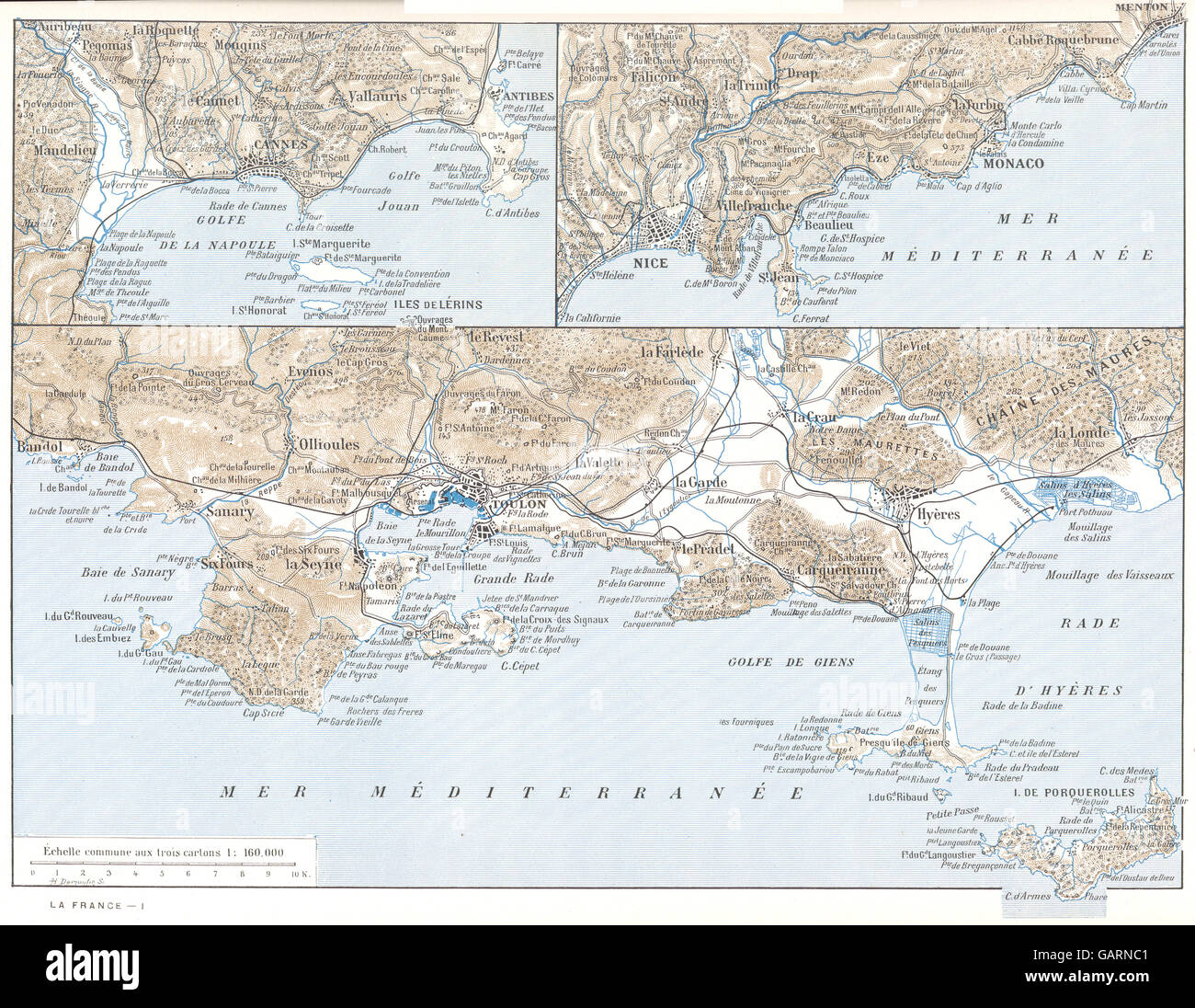 VAR: Toulon- Cannes- Nice. Hyères Porquerolles, 1900 antique map Stock Photo