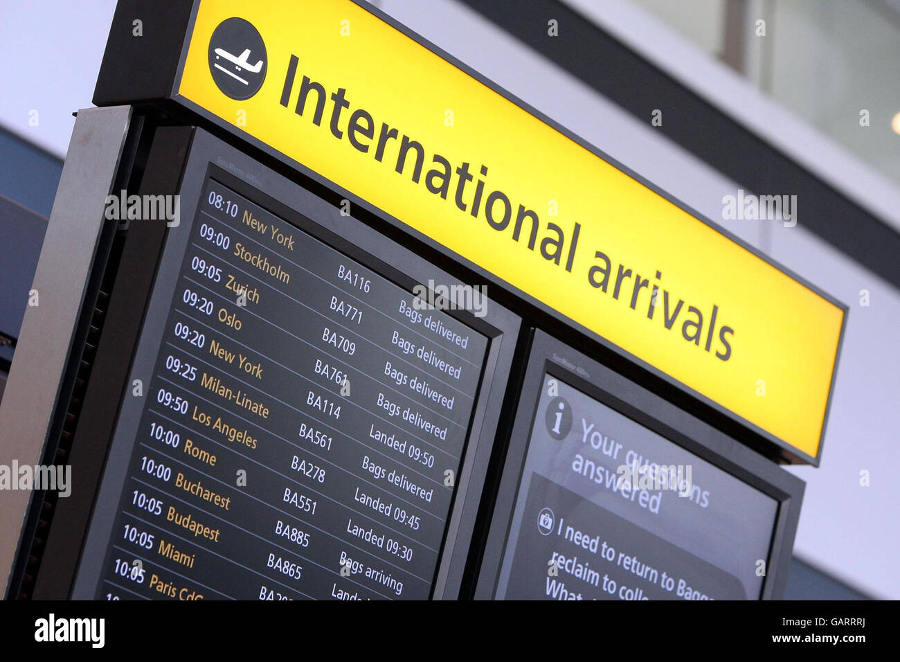 An information screen at Heathrow airport, British Airways switch some