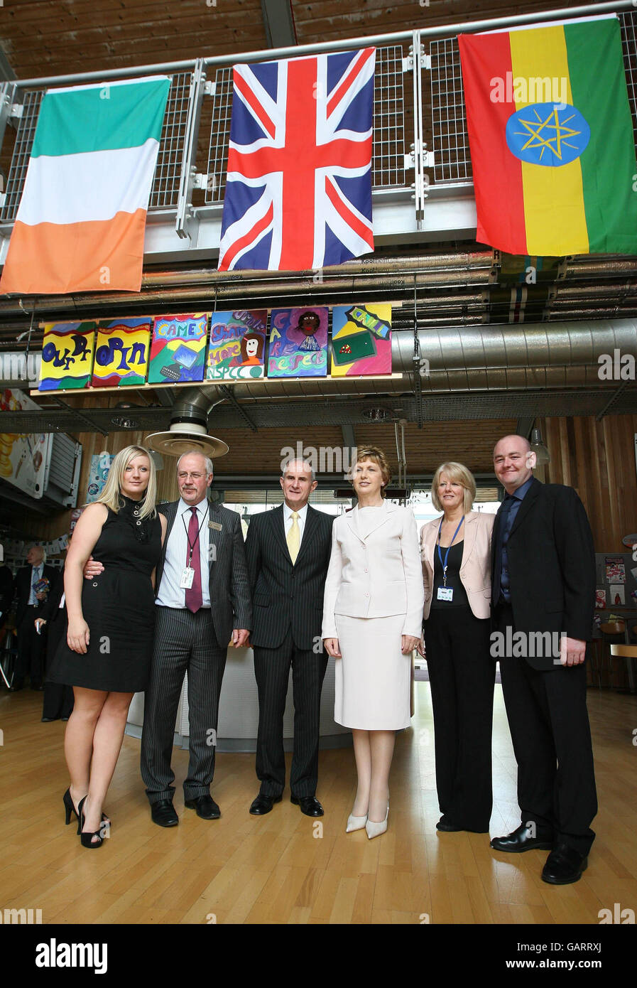 Left to right. Abbie Parry, Colin Parry, Dr Martin McAleese, the Irish President Mary McAleese, Wendy Parry and William Fields (partner of Abbie) at the Peace Centre in Warrington, named after Johnathan Ball and Tim Parry who were killed by an IRA bomb in 1993. Stock Photo