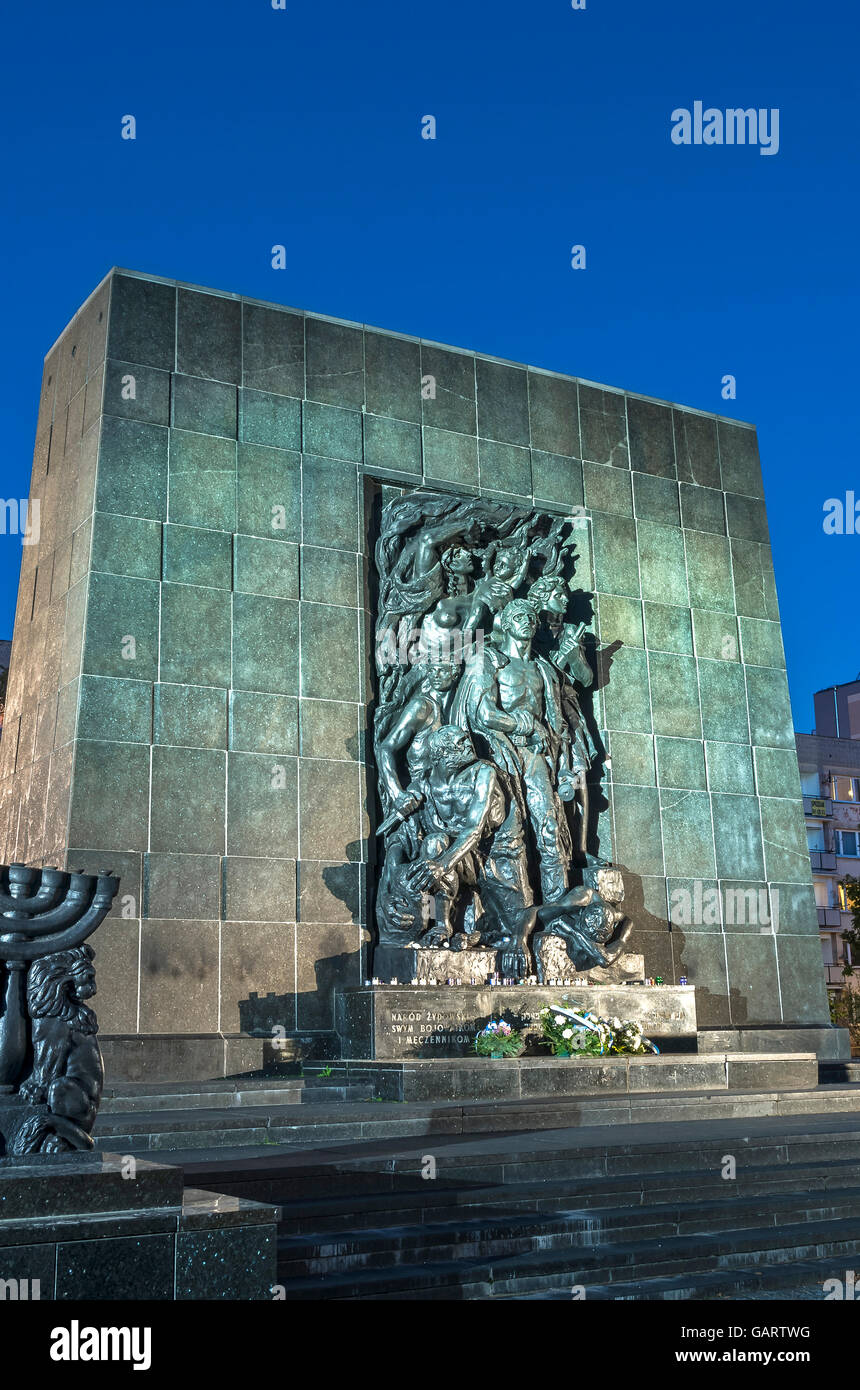 Night view of the Warsaw Ghetto Heroes Monument in the former Jewish district of the Polish capital - Warsaw, Poland. Stock Photo