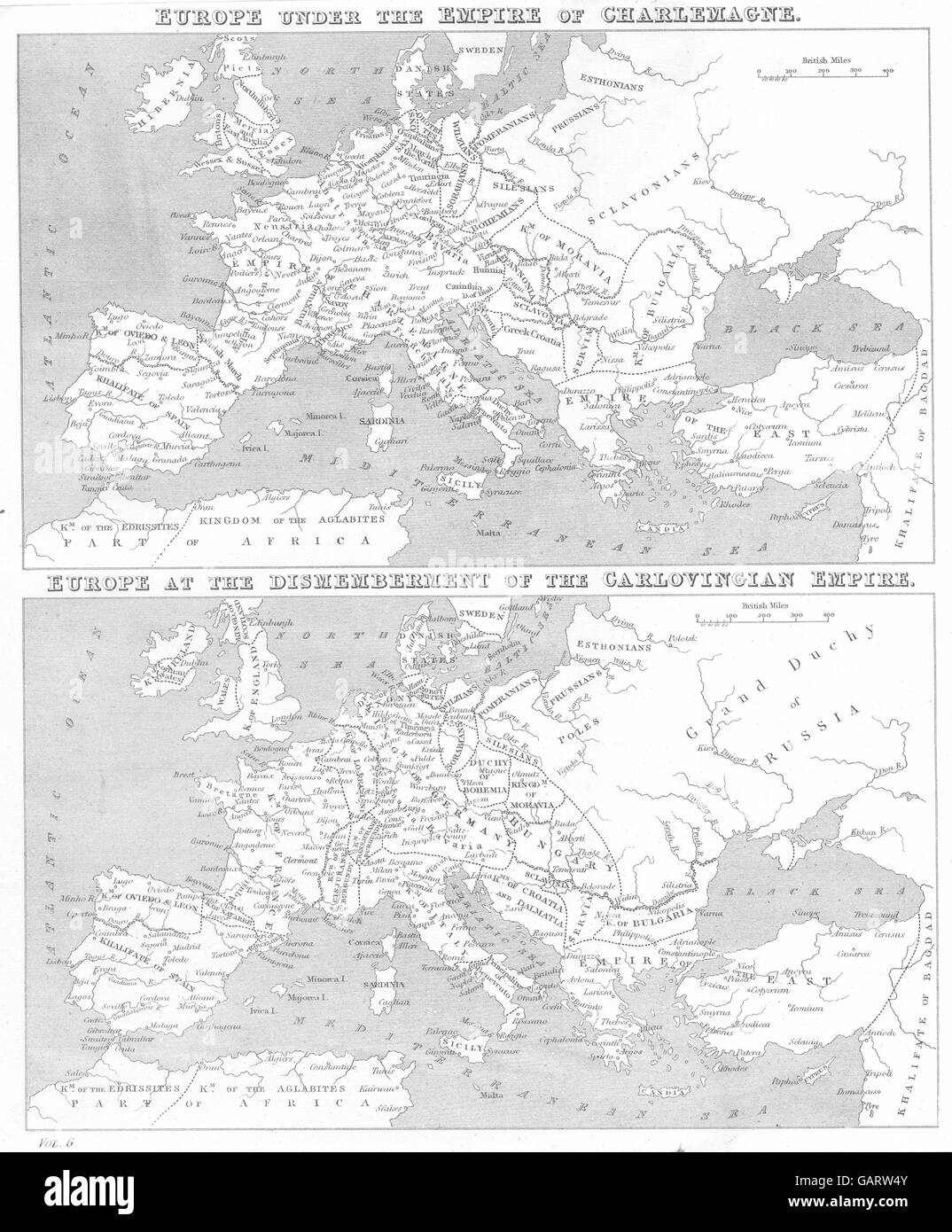 EUROPE: Under Empire of Charlemagne; at break up Carlovingian, 1880 old map Stock Photo