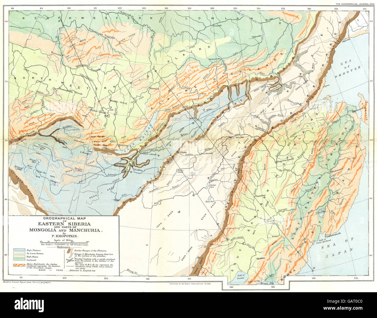 RUSSIA: Orographical map of Eastern Siberia & Mongolia & Manchuria. RGS 1904 Stock Photo