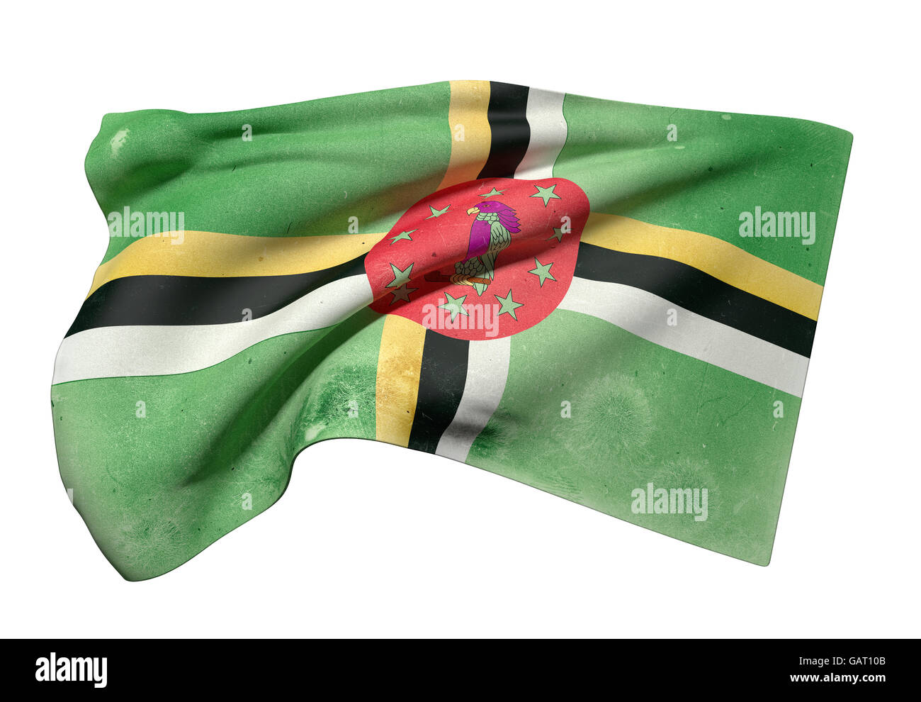 3d rendering of an old and dirty Dominica flag waving on a white ...