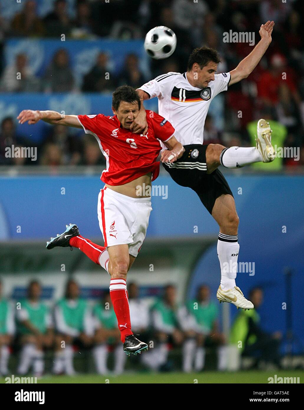 Poland's Dariusz Dudka (l) and Germany's Miroslav Klose battle for the ball Stock Photo