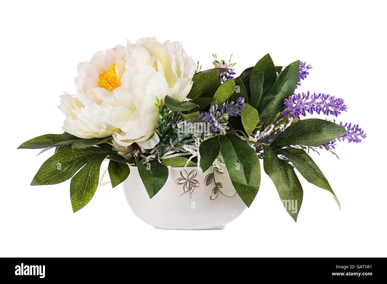 Beautiful bouquet of peony flower and other flowers in vase isolated on white background. Stock Photo