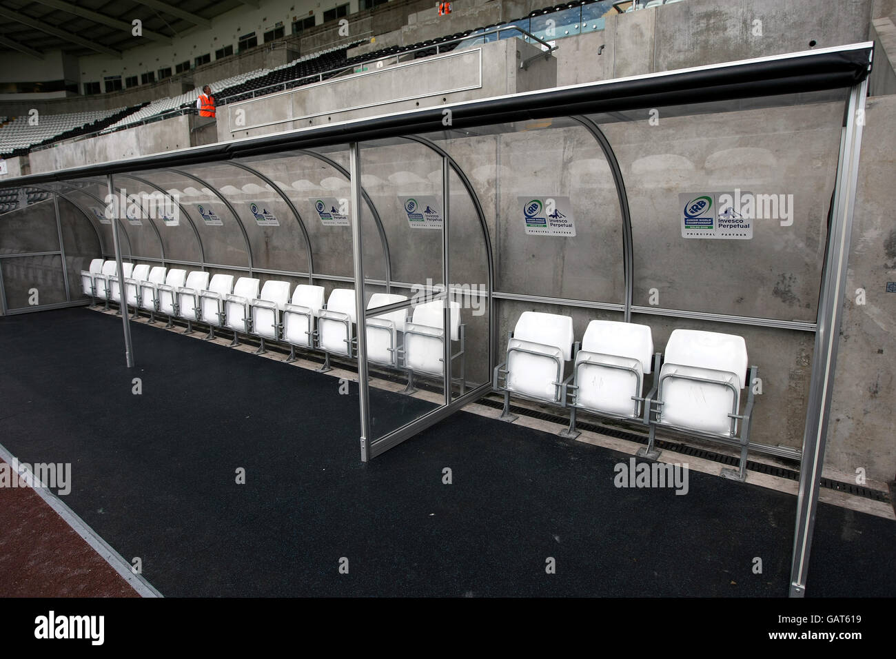 A general view of the dug out during the Invesco Perpetual Junior Rugby World Cup match at Liberty Stadium, Swansea. Stock Photo