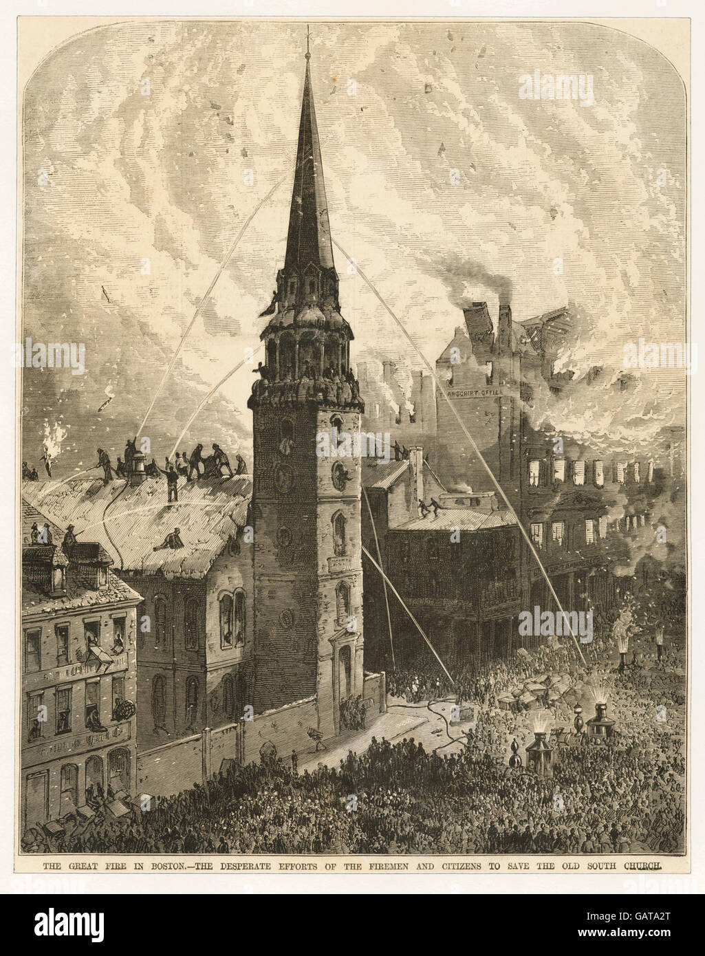 The great fire in Boston - the desperate attempts of the firemen and citizens to save the Old South Church ( Hades-250405-465384) Stock Photo