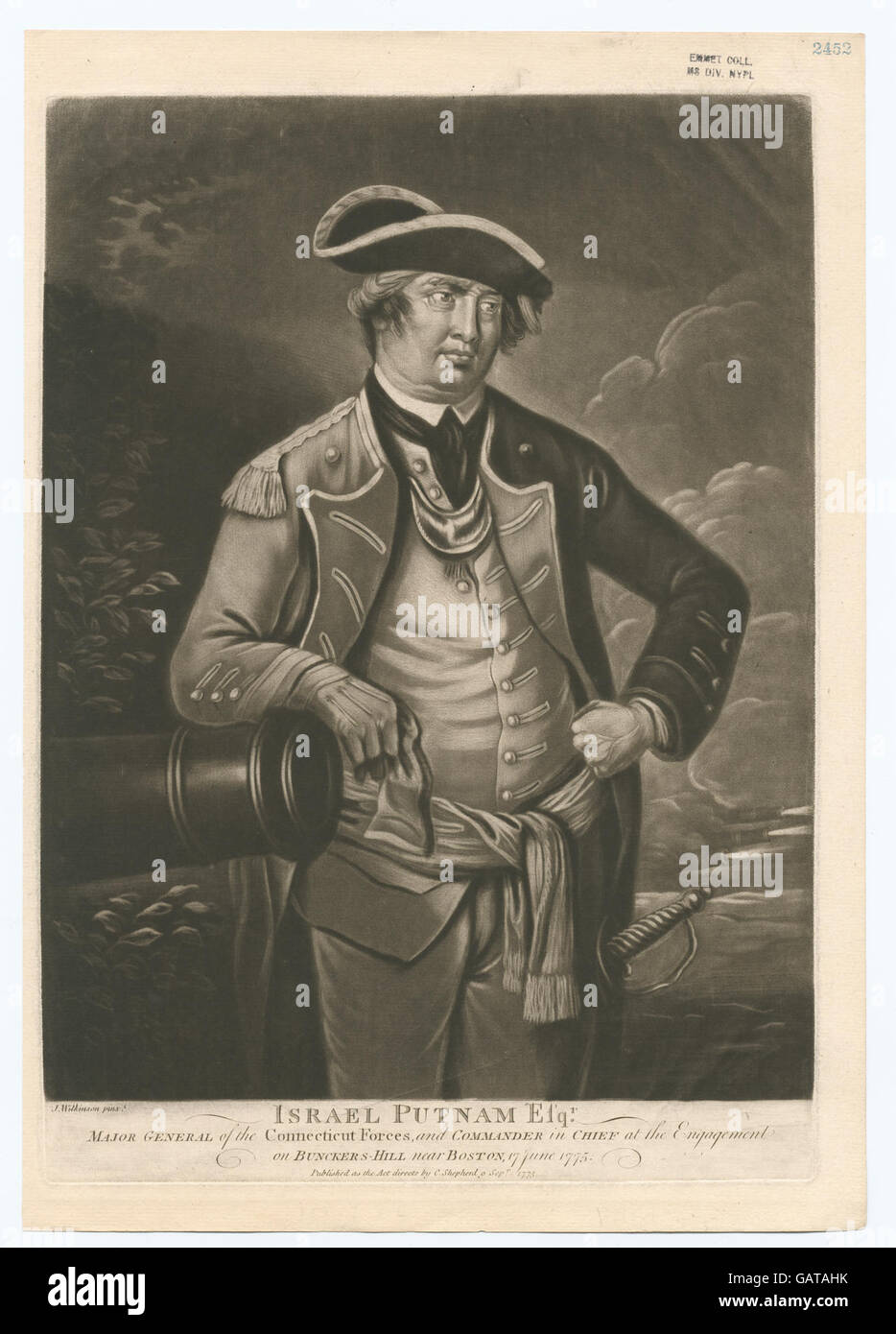 Israel Putnam Esqr., Major General of the Connecticut forces, and Commander in Chief at the engagement on Bunckers-Hill (i.e. Bunker Hill) near Boston, 17 June 1775 ( Hades-254356-478595) Stock Photo